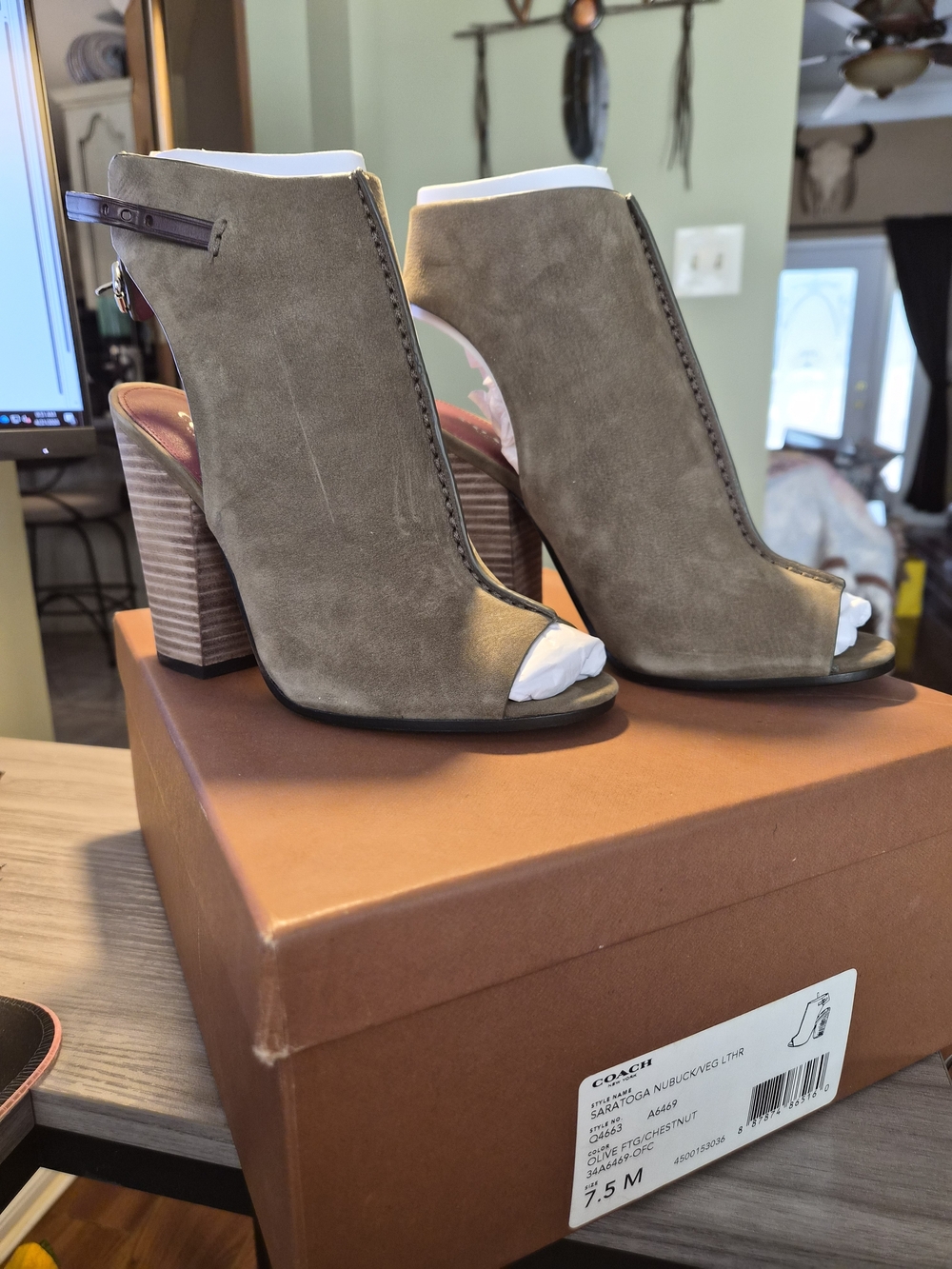 Coach Saratoga Nubuck/Vegan Leather In Olive Green Peep-Toe Stacked Heel Booties